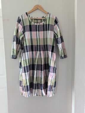 Gudrun Sjoden Rut Cotton Linen Blend Plaid Dress Pockets Large